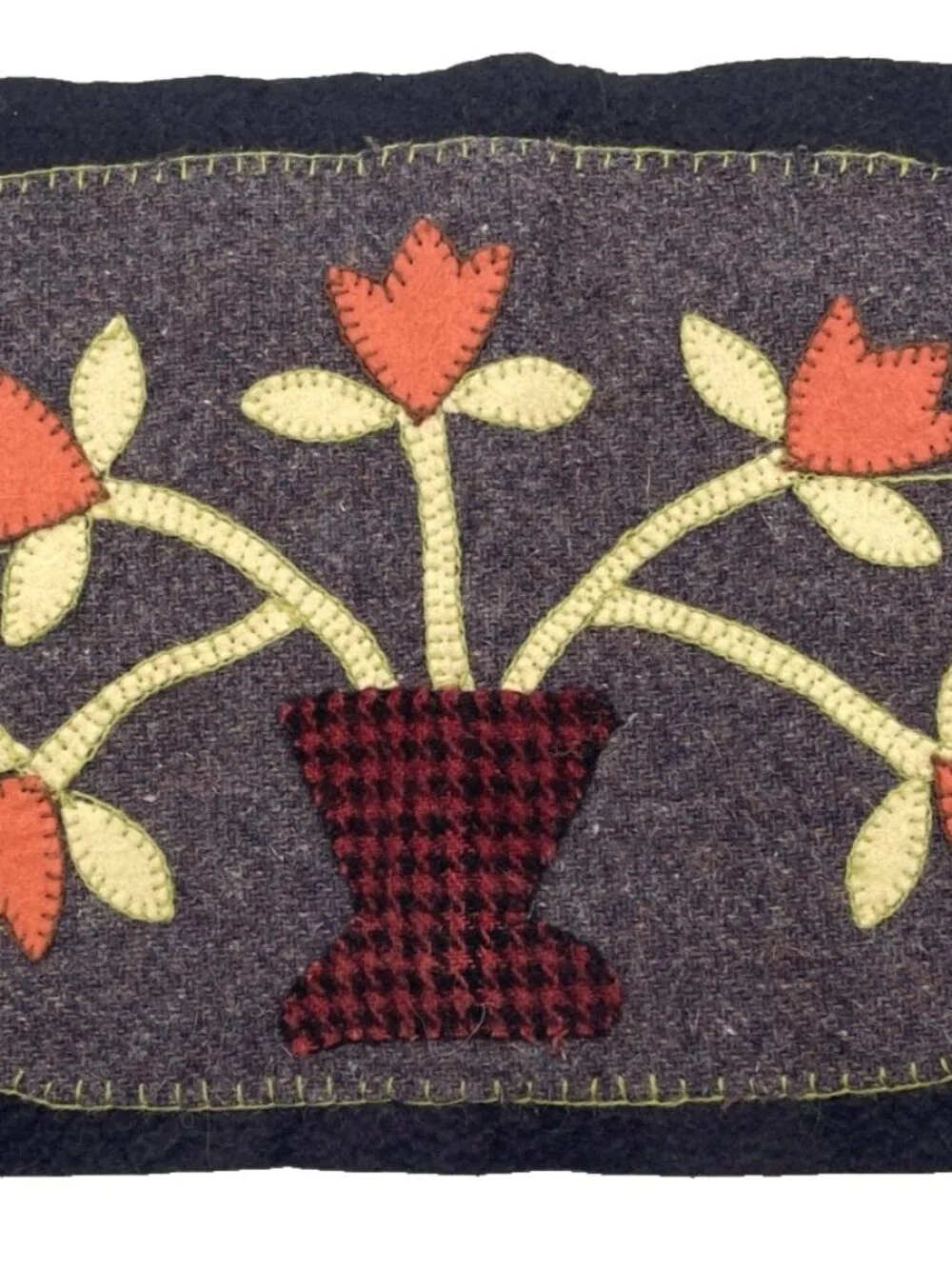 Vtg Handmade Folk Art Primitive Wool Appliqué Mat Tulips Flower Basket 15